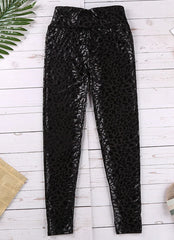High Waist Leather Leggings for Women Leopard Snake Leather Trouser Black