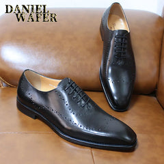 Men Oxford Brogue Genuine Leather Shoes Black Brown Classic Style Wing Tip Lace up