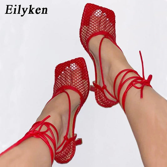Fashion Hollow Breathable Mesh Square Toe Stiletto High Heels Women Pumps