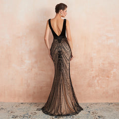 Homecoming Dresses: Backless Black and Champagne Long Prom Formal Gown