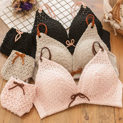 Deep V Linen Cotton Embroidery Wire Free Push Up Bra Set Panties Bow Padded