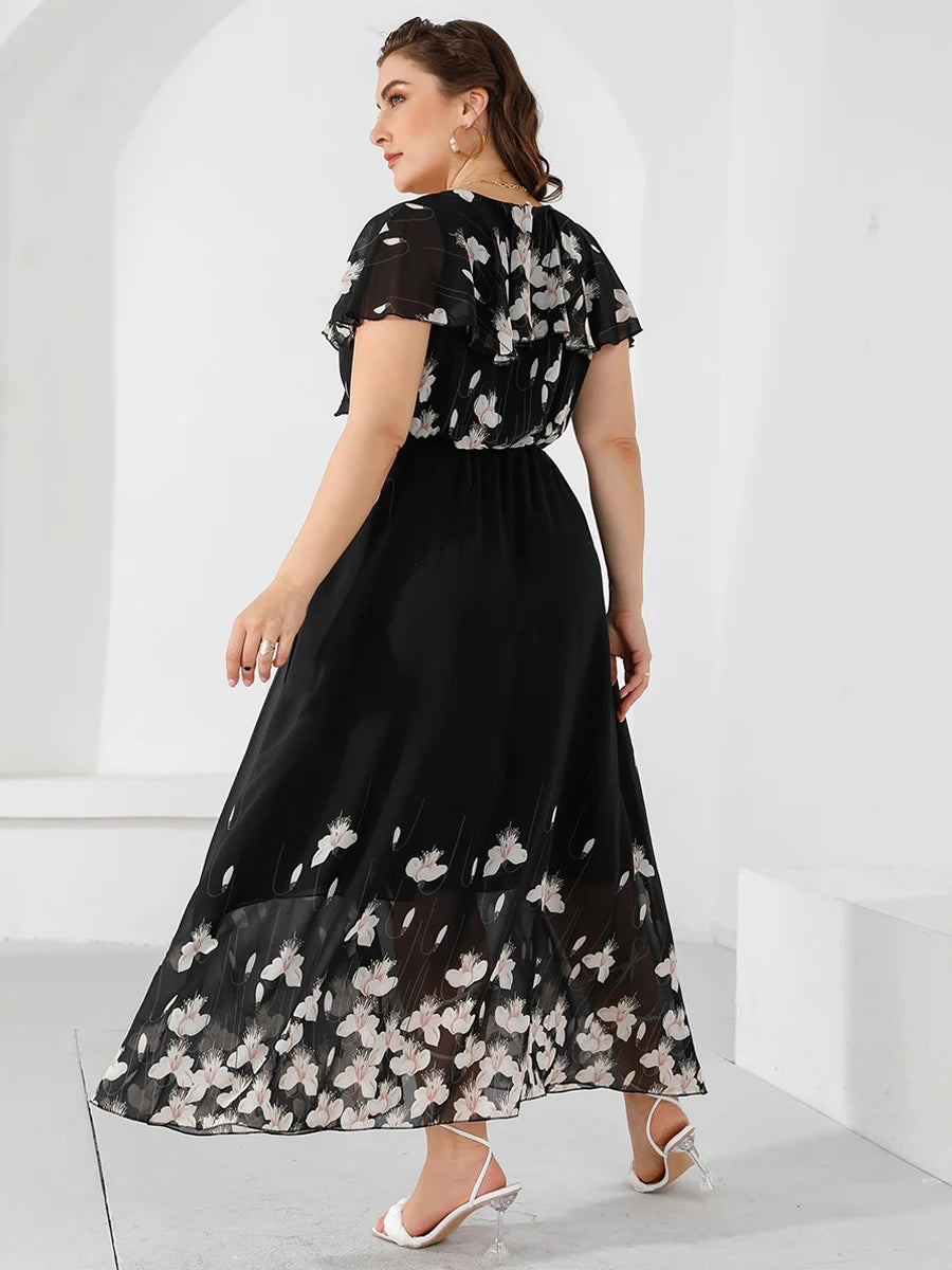 Plus Size Casual Women's Dresses Summer Ruffles V Neck Short Sleeve Floral Maxi