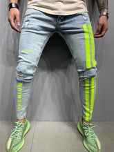 Biker Ripped Jeans Men Skinny Striped Zipper Denim Hole Wash Vintage Hip Hop