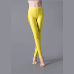 Women Shiny Pants Leggings Solid Color Fluorescent Spandex