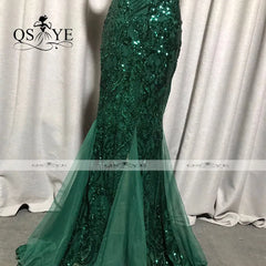 Evening wear Dresses: Green Sequined Long Mermaid Prom Dress