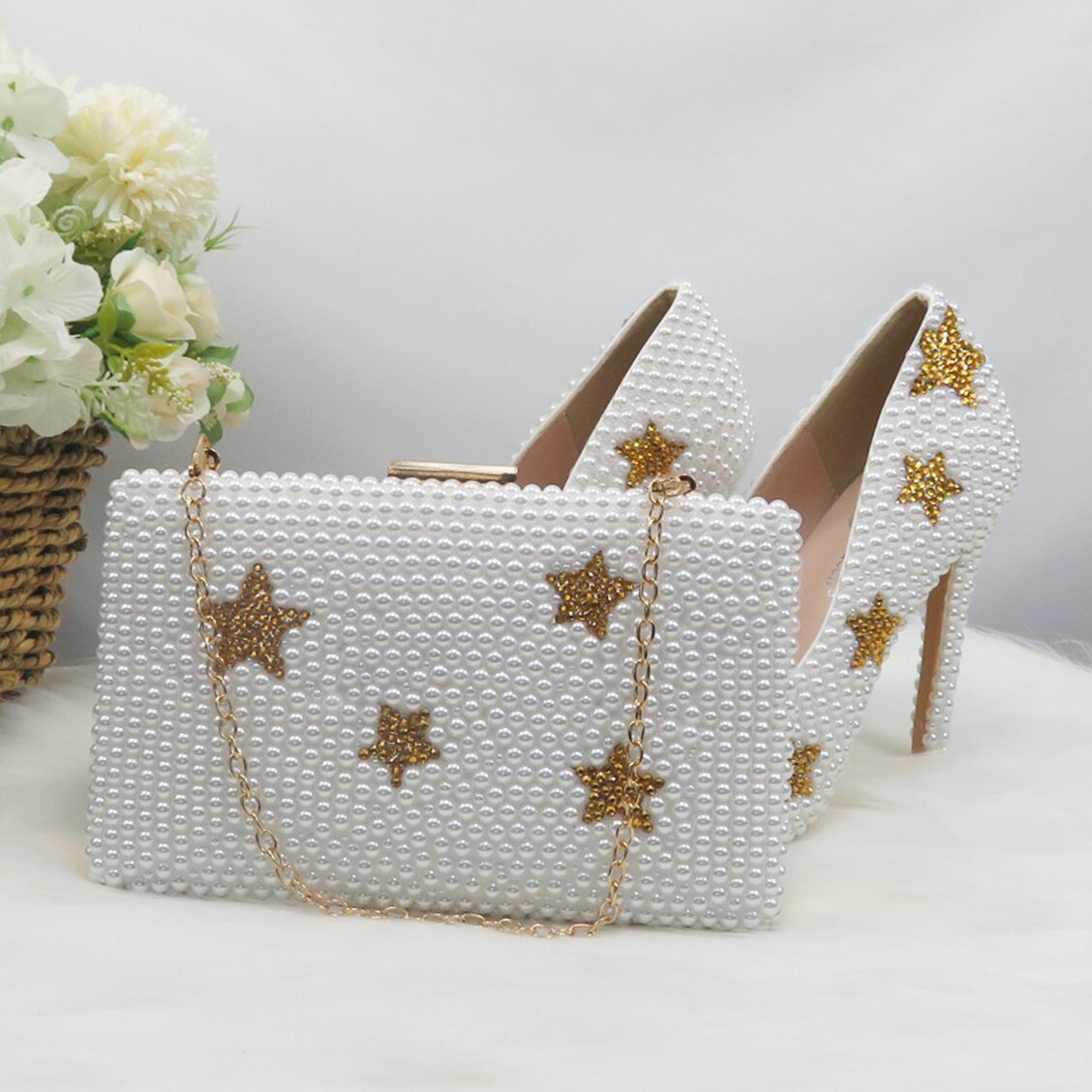 Matching Shoes and Bags: Gold Star Women Wedding Shoes With Matching Bag Bride