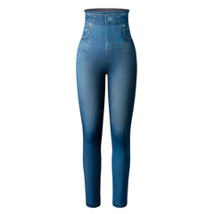 Push Up Seamless High Waist Faux Denim Leggings Women Casual Elastic Pocket Jeans