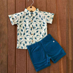 1-6 Years Baby Boys Clothes Set Short Sleeve Dinosaur Print Shirt Boys Tops Dragon Blue Shorts Pants Boys Outfits Children Suits