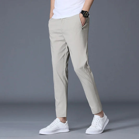 Summer Ankle Length Suit Pants Trousers For Male Ice Silk Black Khaki Korea Thin