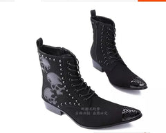 Designer Men Genuine Leather Military Ankle Boots Fashion Skull Pattern Metal Head Boots