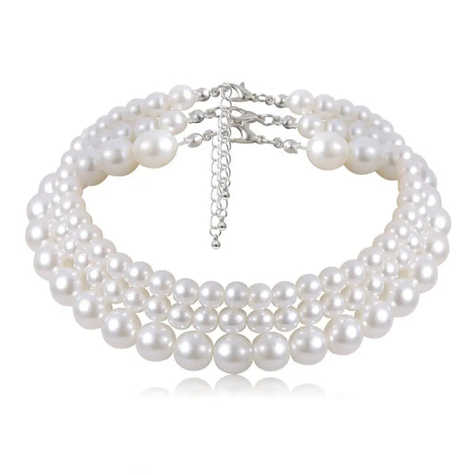 Multi-Layer White Imitation Pearl Necklace Bead Chain Punk Ladies Wedding Short
