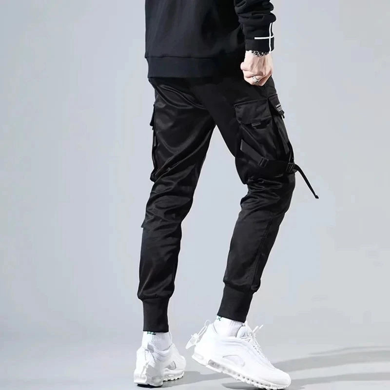 Ribbons Harem Joggers Men Cargo Pants Streetwear Hip Hop Casual Pockets