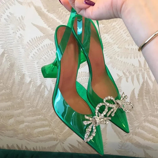 Fashion brand Rhinestones Bowknot Women Pumps clear PVC Slingback High heels