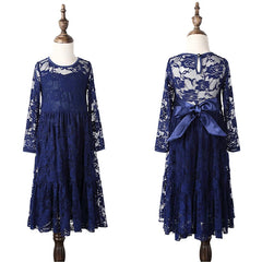 2 -12 Yrs Baby Girl Lace Maxi Dress Big Bow Long Sleeve Elegant Flower