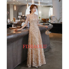Homecoming Dresses: Evening Dress Banquet Elegant Gold Half Sleeved Party Prom Gown