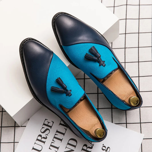 Semi-formal Hemp PU Leather Men's Suit Shoes Glamorous Blue Tassel Italian