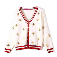 Fashion Designer Bee Embroidery Cardigan Long Sleeve Single Breasted