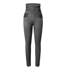 Push Up Seamless High Waist Faux Denim Leggings Women Casual Elastic Pocket Jeans