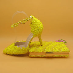 Matching Shoes and Bags: Yellow Flower Wedding Shoes With Matching Bags High Heels