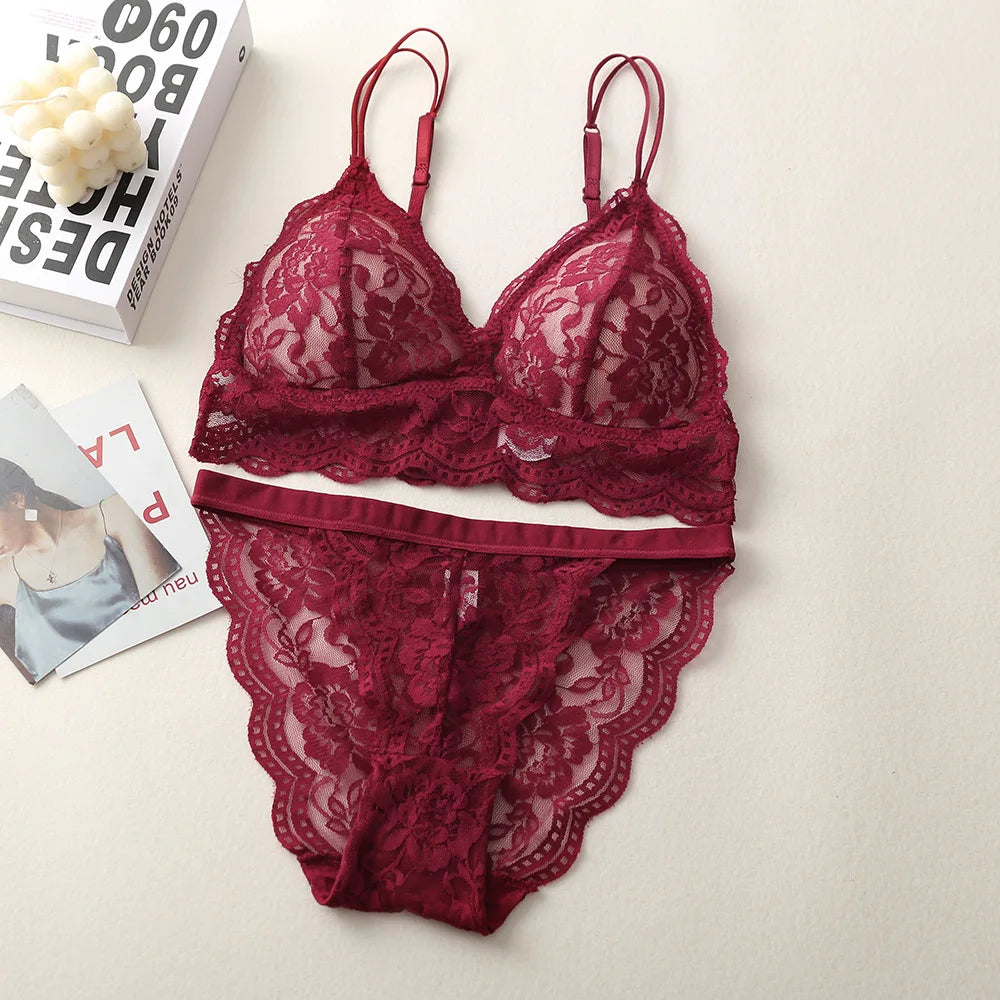 Women Lace Bra And Panties Sets 3/4 Cup Underwear Ultrathin Bralette Female