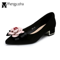 Womens Comfortable Heels: Ladies Pumps Real Velvet Shoes With Camellia Women