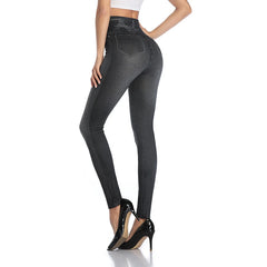 Push Up Seamless High Waist Faux Denim Leggings Women Casual Elastic Pocket Jeans