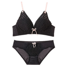 Deep V Linen Cotton Embroidery Wire Free Push Up Bra Set Panties Bow Padded