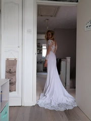 White Bridesmaid Dresses: Wedding Dress Scoop-Neck Full Sleeves Bride Dress Zipper