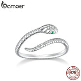 BAMOER 925 Sterling Silver Platinum Plated Adjustable Ring, Green Zircon Retro Textures Snake Ring Fashion Jewelry 4 Colors