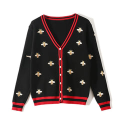 Fashion Designer Bee Embroidery Cardigan Long Sleeve Single Breasted