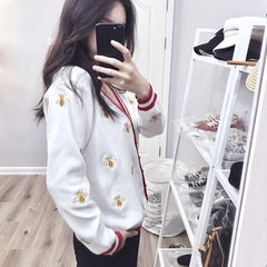Fashion Designer Bee Embroidery Cardigan Long Sleeve Single Breasted