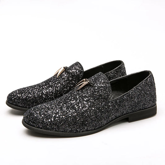 White Italian Glitter Loafers Mens Sequin Shoes Men Pointed Toe Dress Weddings Shoes