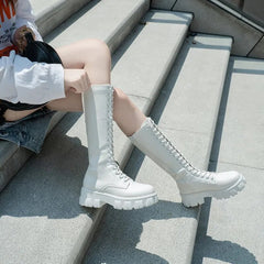 LazySeal Winter Long Boot Shoes Women White Lace Up Zip Height Increasing