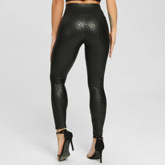 High Waist Leather Leggings for Women Leopard Snake Leather Trouser Black