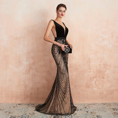 Homecoming Dresses: Backless Black and Champagne Long Prom Formal Gown