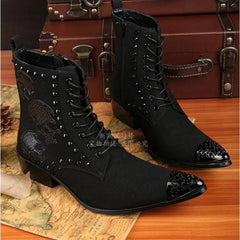 Designer Men Genuine Leather Military Ankle Boots Fashion Skull Pattern Metal Head Boots