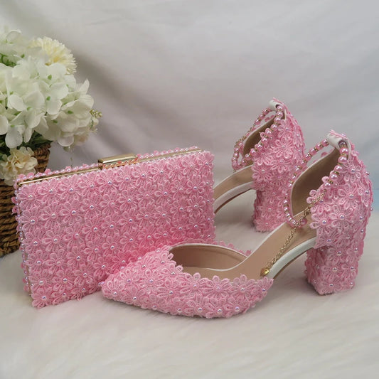 Matching Shoes and Bags: Pink Pearl Flower Wedding Shoes With Matching Bags