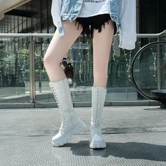 LazySeal Winter Long Boot Shoes Women White Lace Up Zip Height Increasing