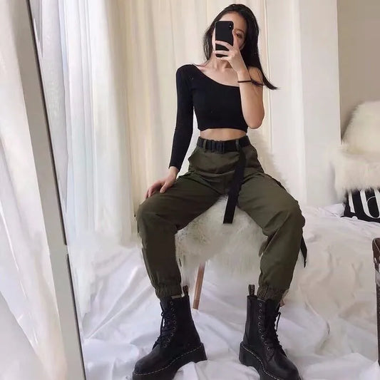 Armygreen Cargo Pants With Belt Women Capri Casual High Waist Trousers
