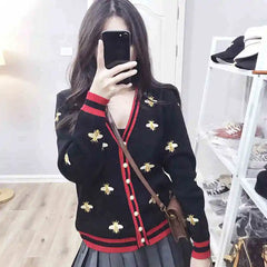 Fashion Designer Bee Embroidery Cardigan Long Sleeve Single Breasted