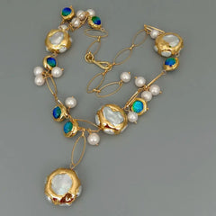 Blue Murano Glass Freshwater Cultured White Keshi Pearl Gold Filled Chain