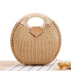 Women's Natural Rattan Handwoven Round Shell Handbag Top-handle Bag