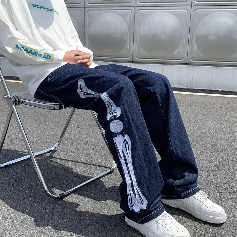 Jeans Men Skeleton Baggy Casual Jean Pants Mens Japan Style Streetwear