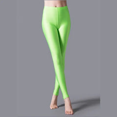 Women Shiny Pants Leggings Solid Color Fluorescent Spandex