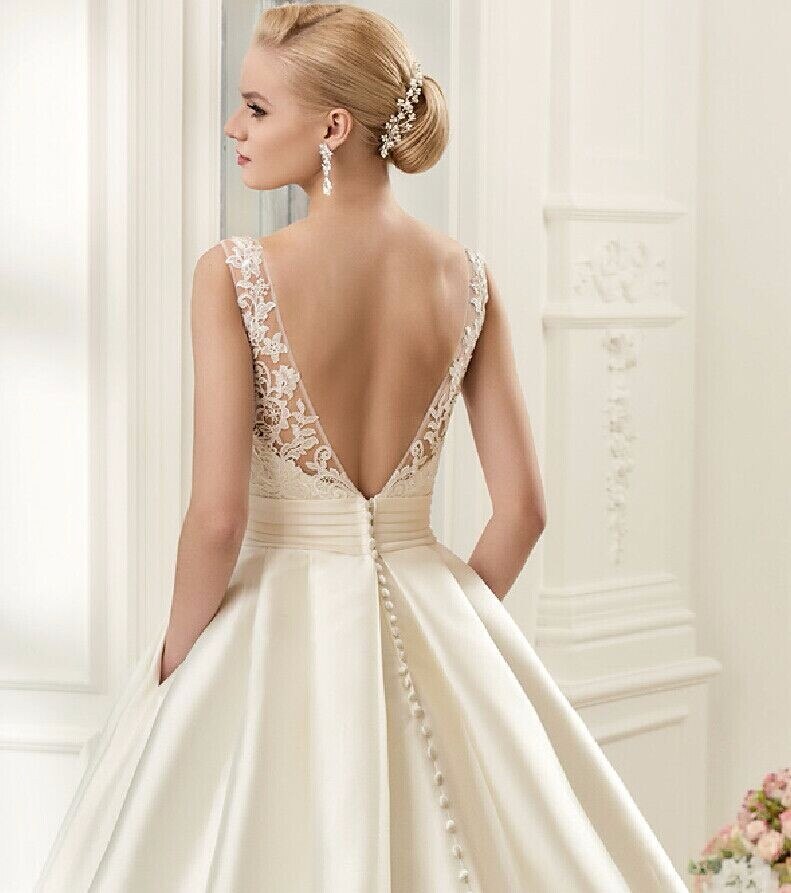 White Bridesmaid Dresses: Backless Satin Wedding Dresses Chapel Train Bridal Gowns