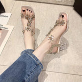 Summer Women Sandals Pvc Crystal Flower Decoration Chunky Heel Peep Toe