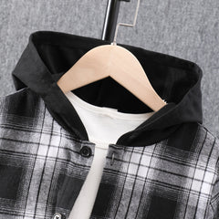 Boys Plaid Outfit Short Sleeves Button Down Hooded Shirt & Shorts Casual For Summer Kids Clothes