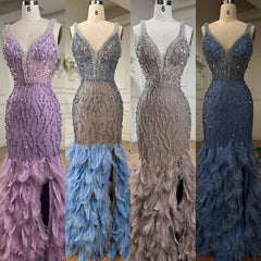 Homecoming Dresses: Mermaid High Split Evening Dresses Feather Beaded Gowns