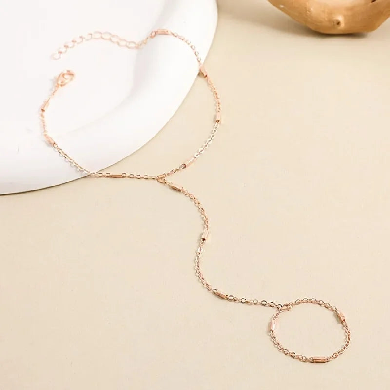 Women's Elegant Style Summer Finger Ring Bracelet, Minimalist Fine Chain Integrated Hand Jewelry Accessory