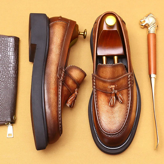 Soft Leather Elegant Mens Dress Loafers Shoes Platform Genuine Leather